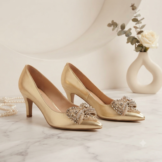 Elegant Kitten Heel Pumps with Beaded Bow