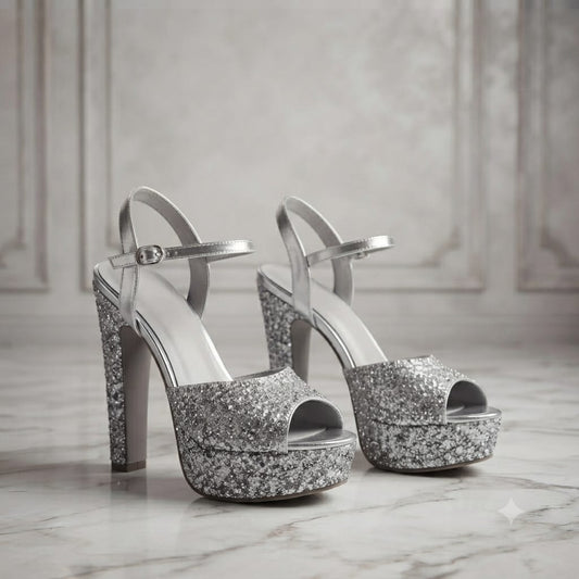 Silver Glitter Platform Block Heels