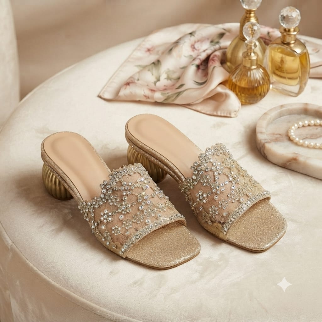 Embellished Mesh Slide Mules