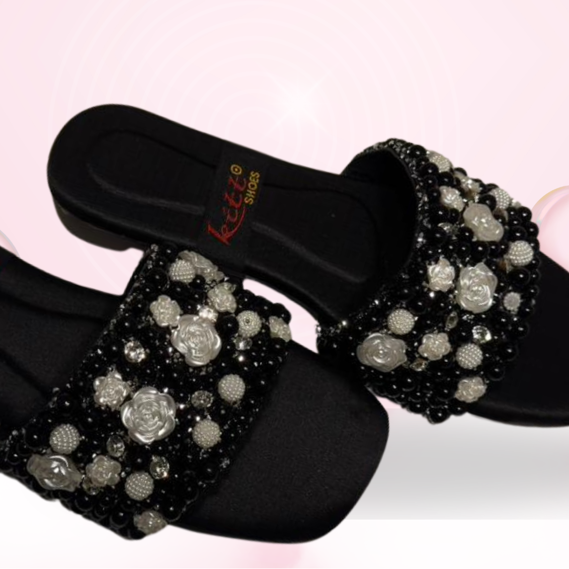 Black Pearl Embellished Slip-On Sandals – Elegant Beaded Flat Mules for Women