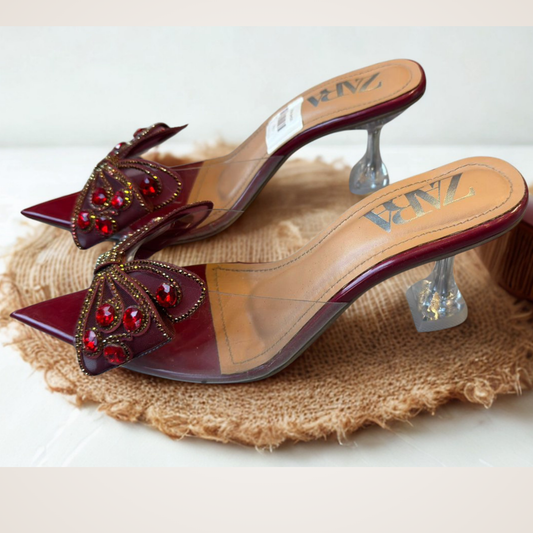 ZARA Burgundy Pointed-Toe Heels with Embellished Bow – Elegant Women’s Slip-On Mules
