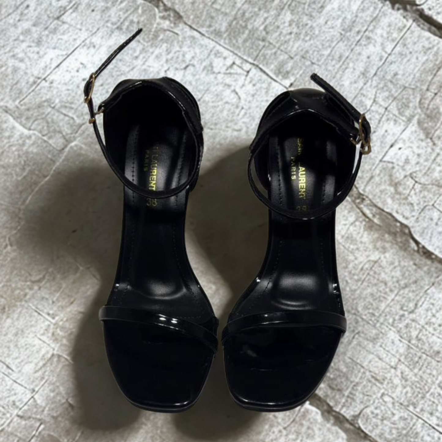 YSL Opyum Black Patent Leather Logo Heel Sandals for Women – Saint Laurent Designer High Heels