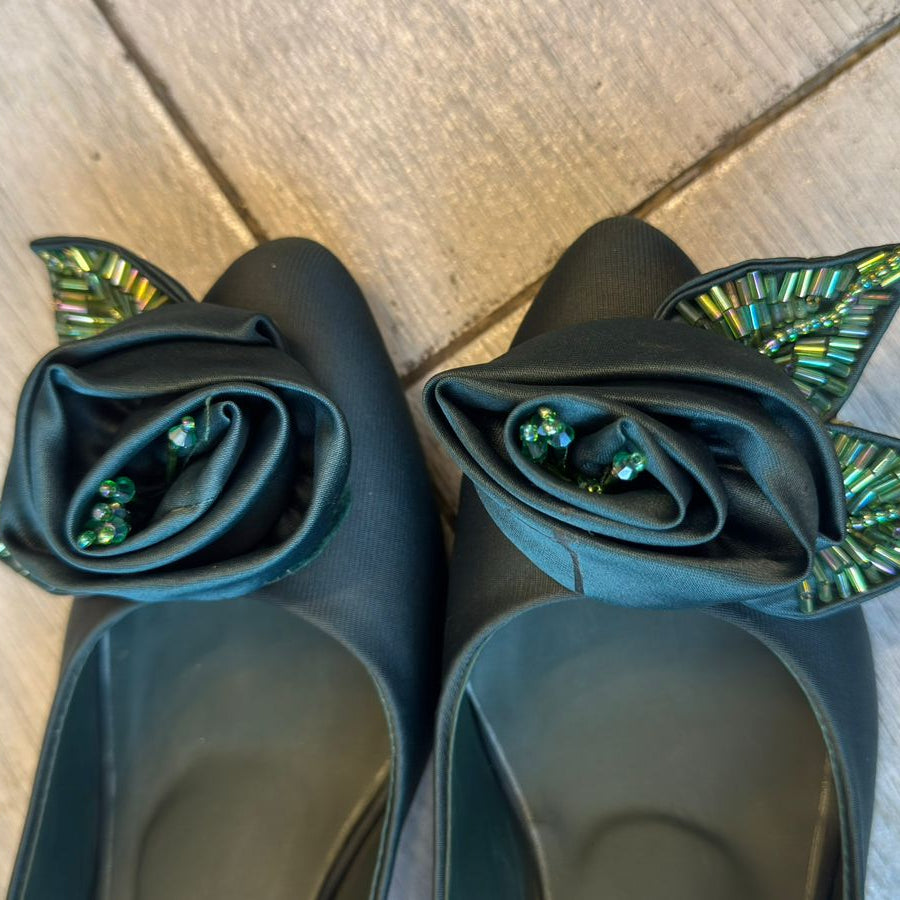 Elegant Navy Blue Satin Wedding Shoes with Floral Bow – Bridal & Evening Wear