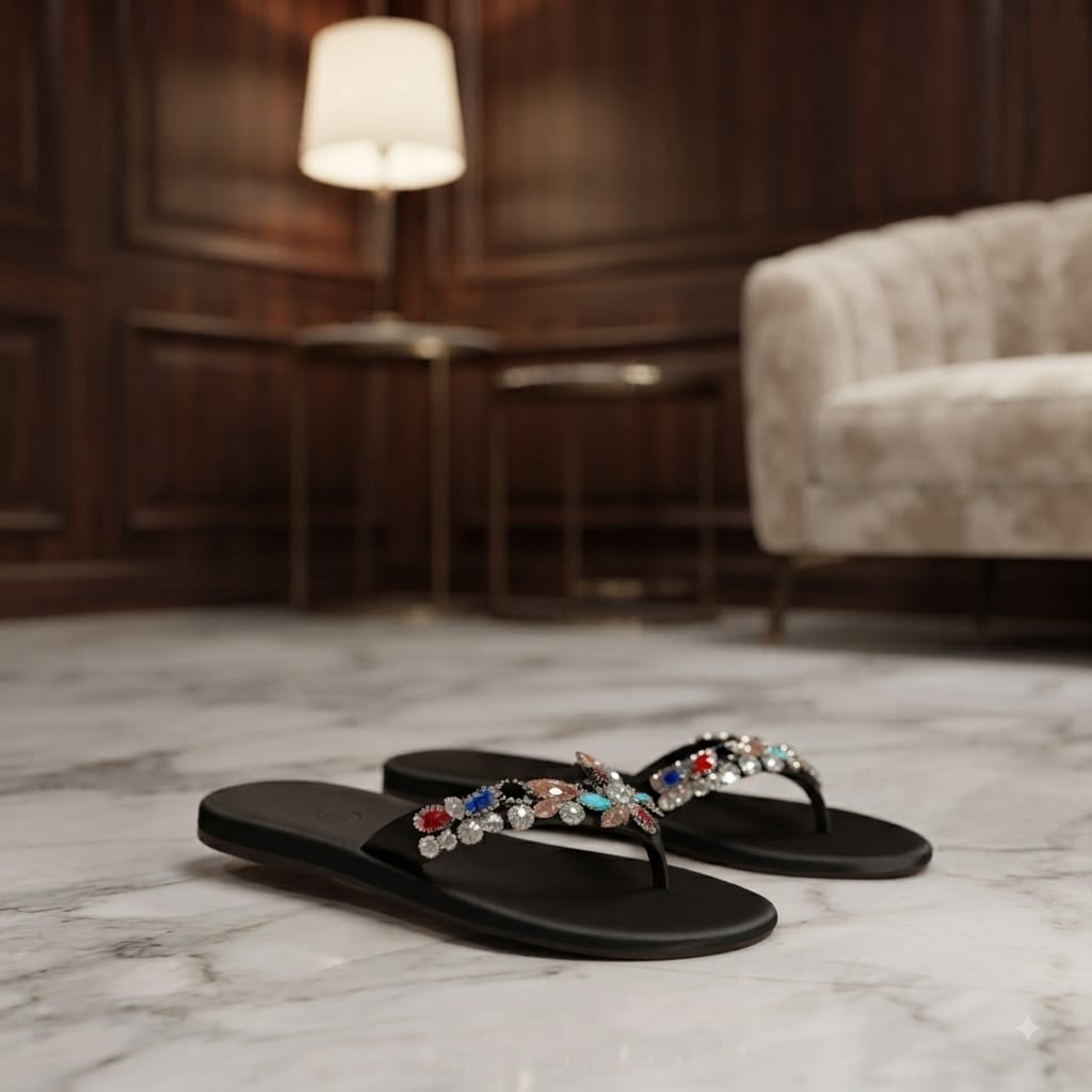Crystal Embellished Flat Flip-Flop Slippers