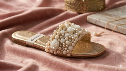 Black Pearl Embellished Slip-On Sandals – Elegant Beaded Flat Mules for Women
