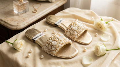 Black Pearl Embellished Slip-On Sandals – Elegant Beaded Flat Mules for Women