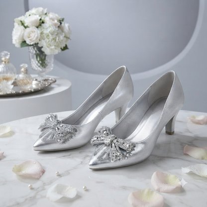 Elegant Kitten Heel Pumps with Beaded Bow