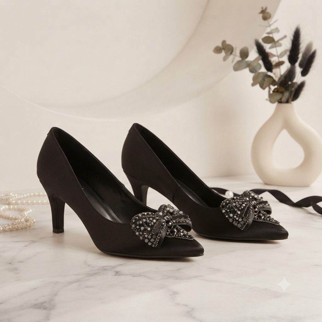 Elegant Kitten Heel Pumps with Beaded Bow