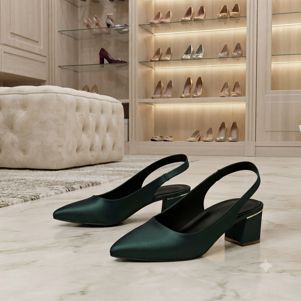 Pointed-Toe Slingback Block Heel Pumps