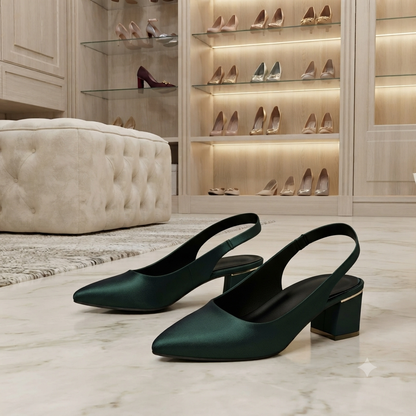 Pointed-Toe Slingback Block Heel Pumps