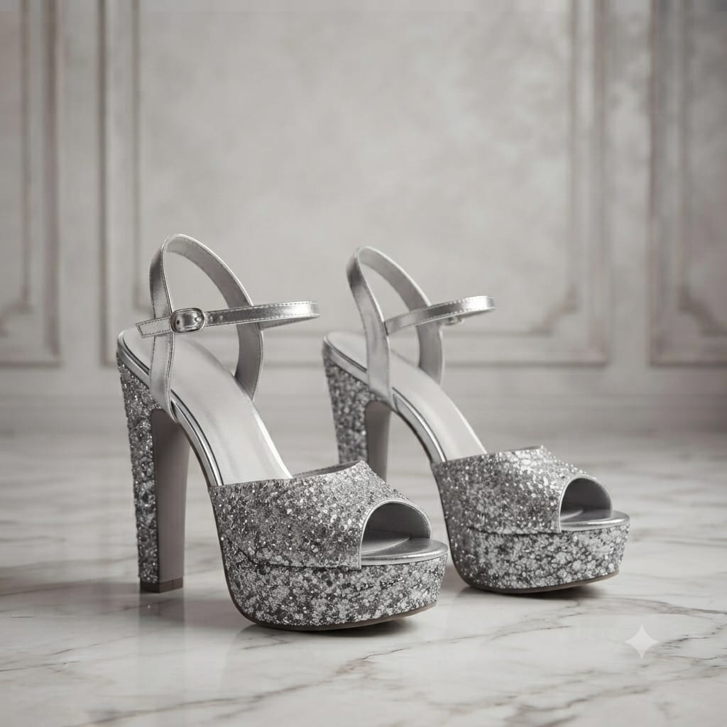 Silver Glitter Platform Block Heels