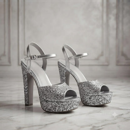 Silver Glitter Platform Block Heels