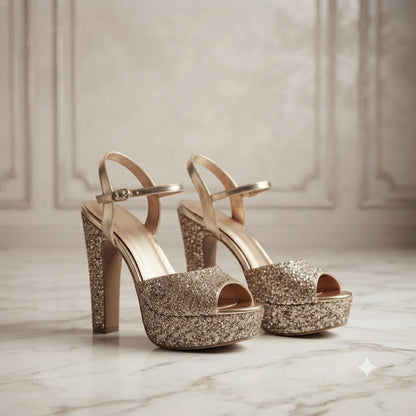 Silver Glitter Platform Block Heels