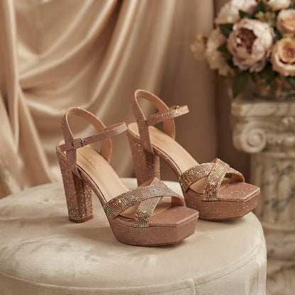 Gold Glitter Platform Block Heel Sandal