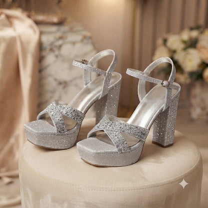 Gold Glitter Platform Block Heel Sandal