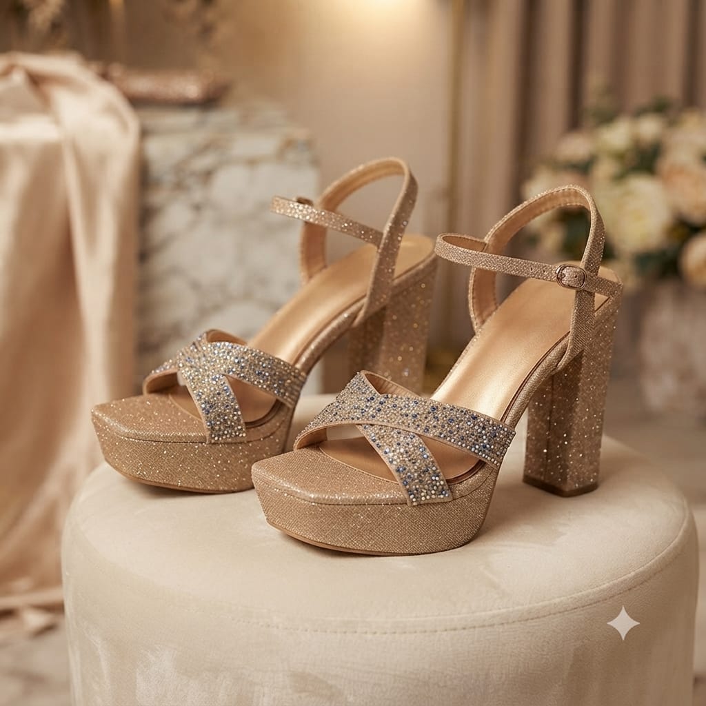 Gold Glitter Platform Block Heel Sandal