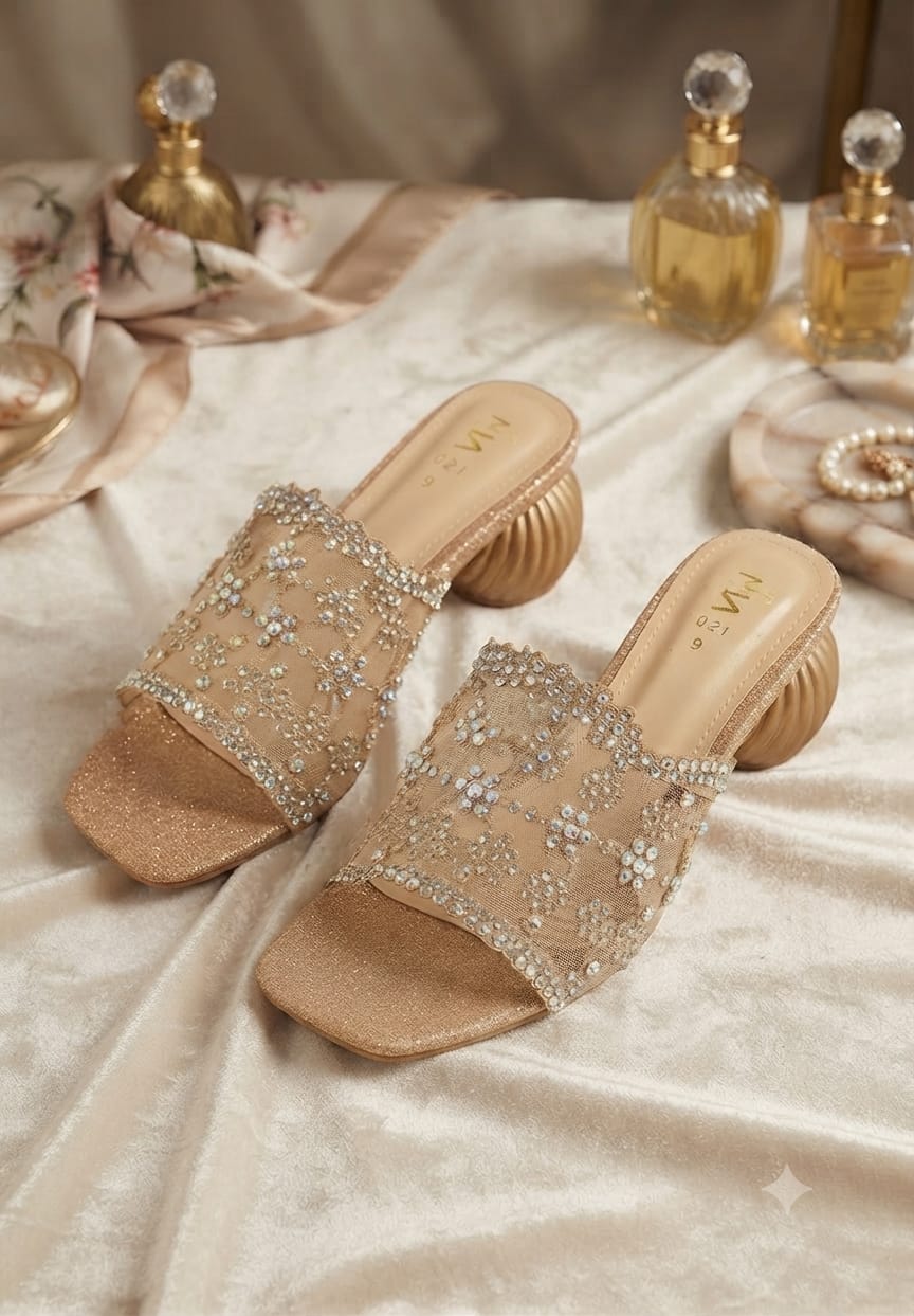 Embellished Mesh Slide Mules