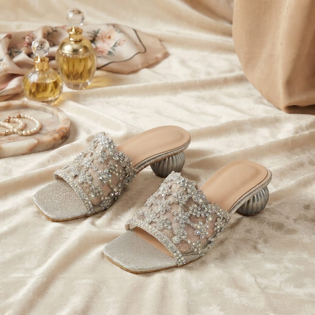 Embellished Mesh Slide Mules