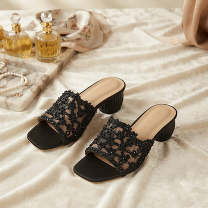 Embellished Mesh Slide Mules