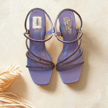 Elegant Purple Strappy Block Heel Sandals for Women – Stylish Square Toe Party Footwear
