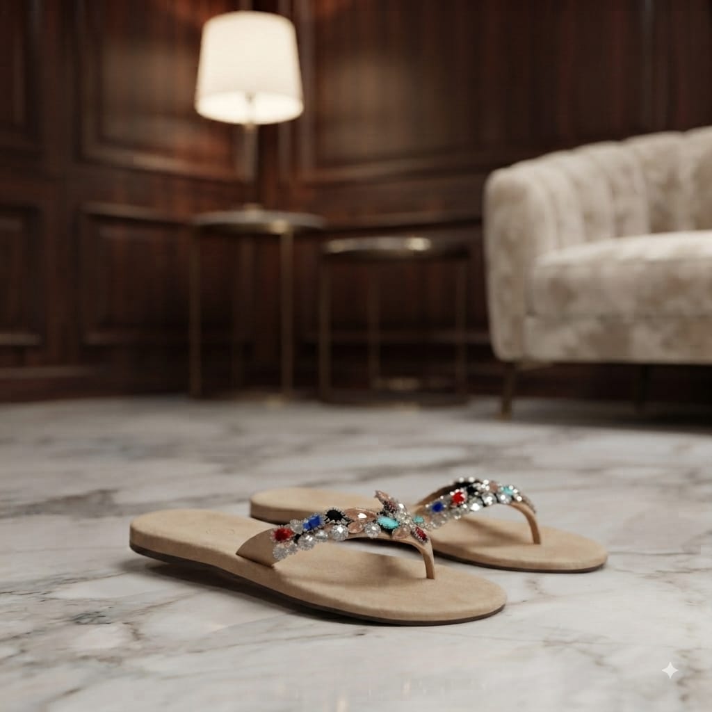 Crystal Embellished Flat Flip-Flop Slippers