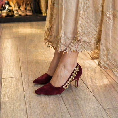 Elegant Burgundy Suede High Heels with Gold Rhinestone Embellishment – Women’s Pointed Toe Pumps