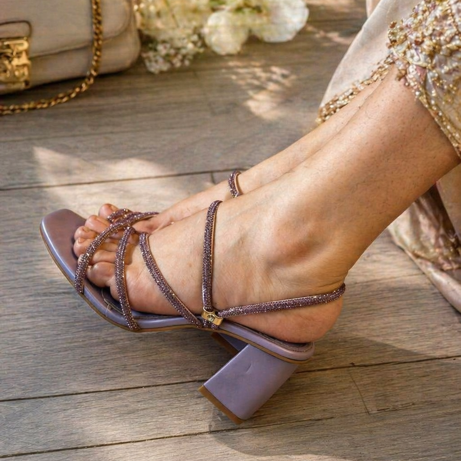 Elegant Purple Strappy Block Heel Sandals for Women – Stylish Square Toe Party Footwear