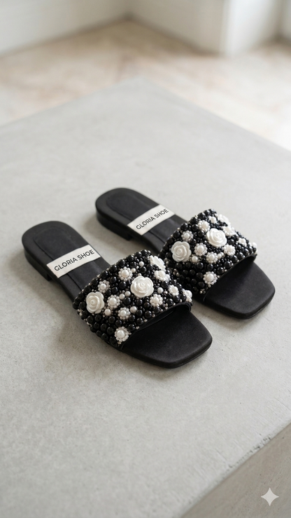 Black Pearl Embellished Slip-On Sandals – Elegant Beaded Flat Mules for Women