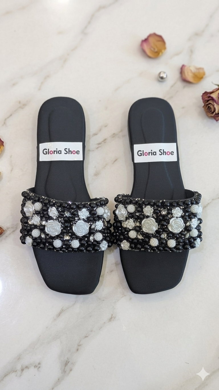 Black Pearl Embellished Slip-On Sandals – Elegant Beaded Flat Mules for Women