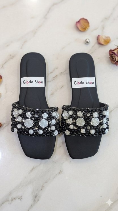 Black Pearl Embellished Slip-On Sandals – Elegant Beaded Flat Mules for Women
