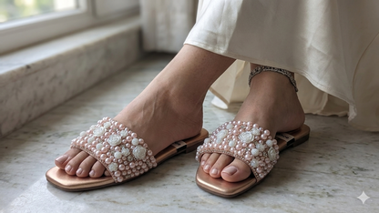 Black Pearl Embellished Slip-On Sandals – Elegant Beaded Flat Mules for Women