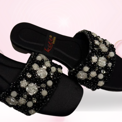 Black Pearl Embellished Slip-On Sandals – Elegant Beaded Flat Mules for Women