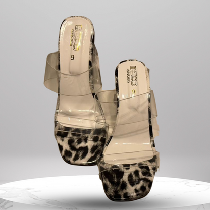 Women's Leopard Print Transparent Strap Block Heel Sandals – Stylish Open Toe Slip-On Mules