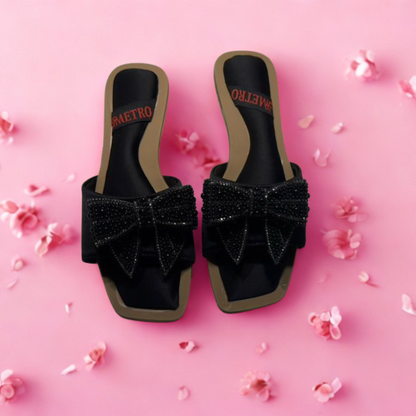 Elegant Women's Bow Slip-On Sandals – Available in White, Brown & Black | Comfortable & Stylish Footwear