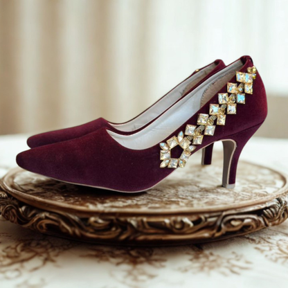 Elegant Burgundy Suede High Heels with Gold Rhinestone Embellishment – Women’s Pointed Toe Pumps