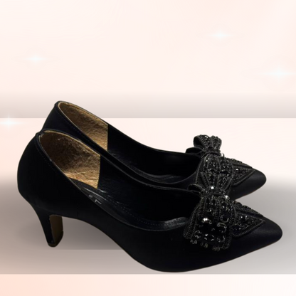 Elegant Gold Kitten Heel Pumps with Beaded Bow – Women’s Party & Wedding Shoes
