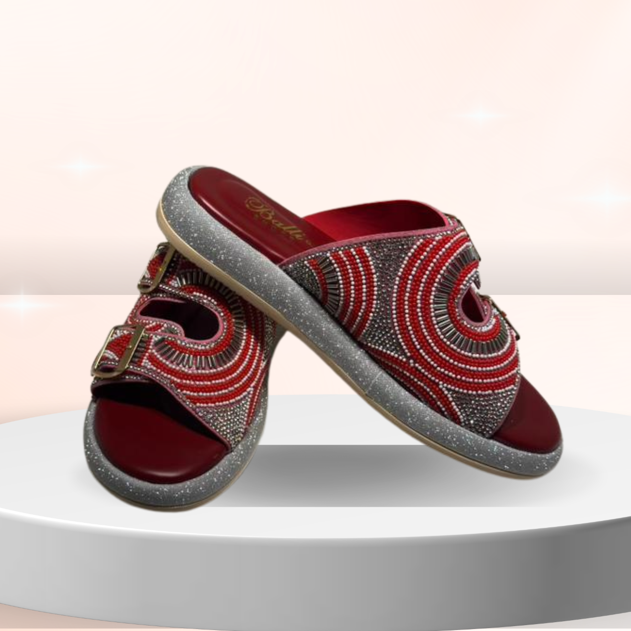 Stylish Red Beaded Slip-On Sandals for Women – Comfortable Casual Footwear with Decorative Pattern