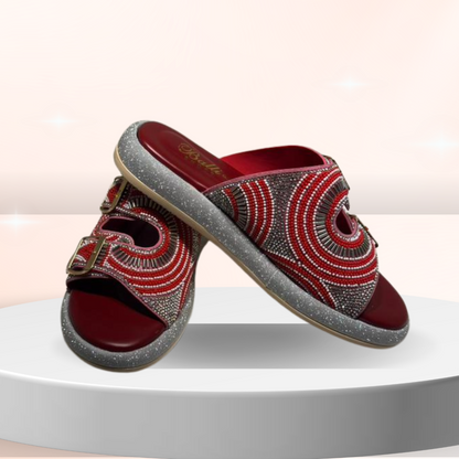Stylish Red Beaded Slip-On Sandals for Women – Comfortable Casual Footwear with Decorative Pattern
