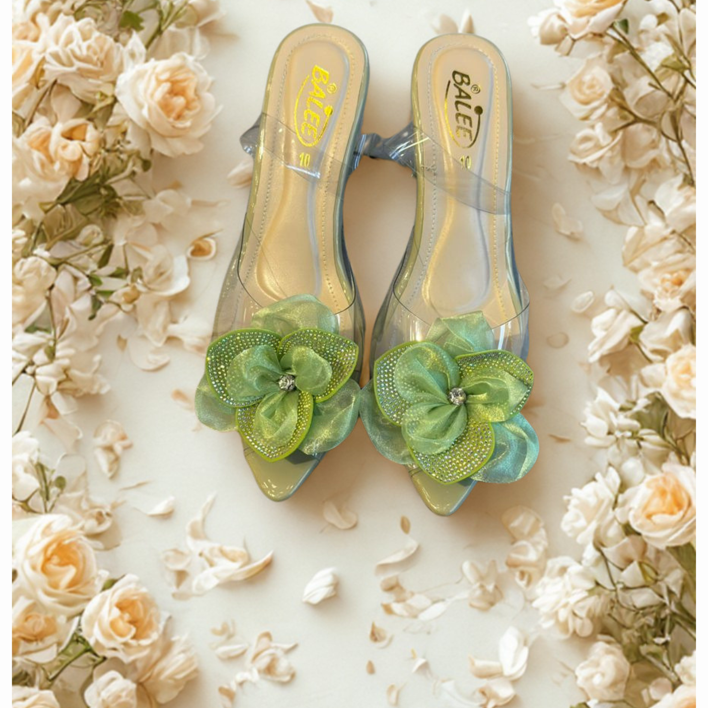 Transparent Heeled Sandals with Green Floral Embellishment – Elegant Women’s Party & Casual Footwear