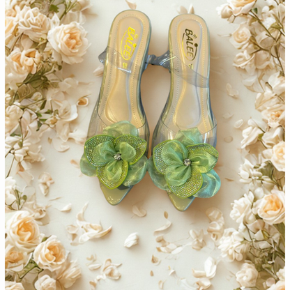 Transparent Heeled Sandals with Green Floral Embellishment – Elegant Women’s Party & Casual Footwear