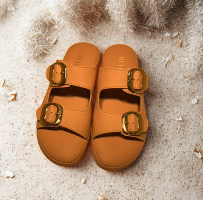 Stylish Tan Slip-On Sandals with Gold Buckles – Comfortable Summer Footwear for Women