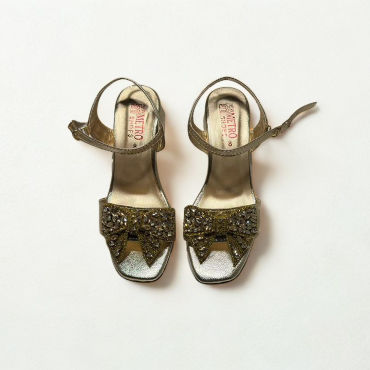 Vintage Gold Sequin Bow Sandals – Elegant Ankle Strap Heels for Women