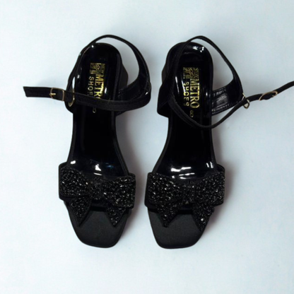 Vintage Gold Sequin Bow Sandals – Elegant Ankle Strap Heels for Women