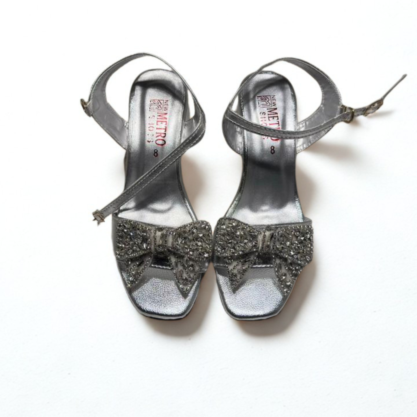 Vintage Gold Sequin Bow Sandals – Elegant Ankle Strap Heels for Women