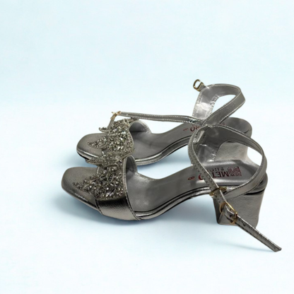 Vintage Gold Sequin Bow Sandals – Elegant Ankle Strap Heels for Women