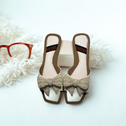Elegant Women's Bow Slip-On Sandals – Available in White, Brown & Black | Comfortable & Stylish Footwear