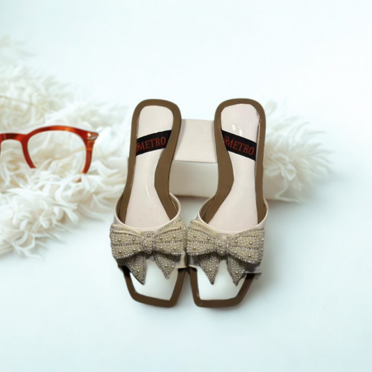 Elegant Women's Bow Slip-On Sandals – Available in White, Brown & Black | Comfortable & Stylish Footwear