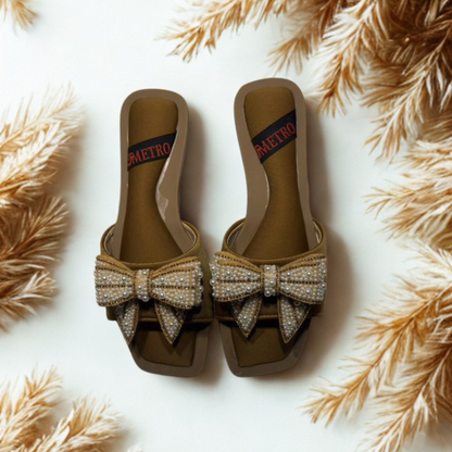 Elegant Women's Bow Slip-On Sandals – Available in White, Brown & Black | Comfortable & Stylish Footwear