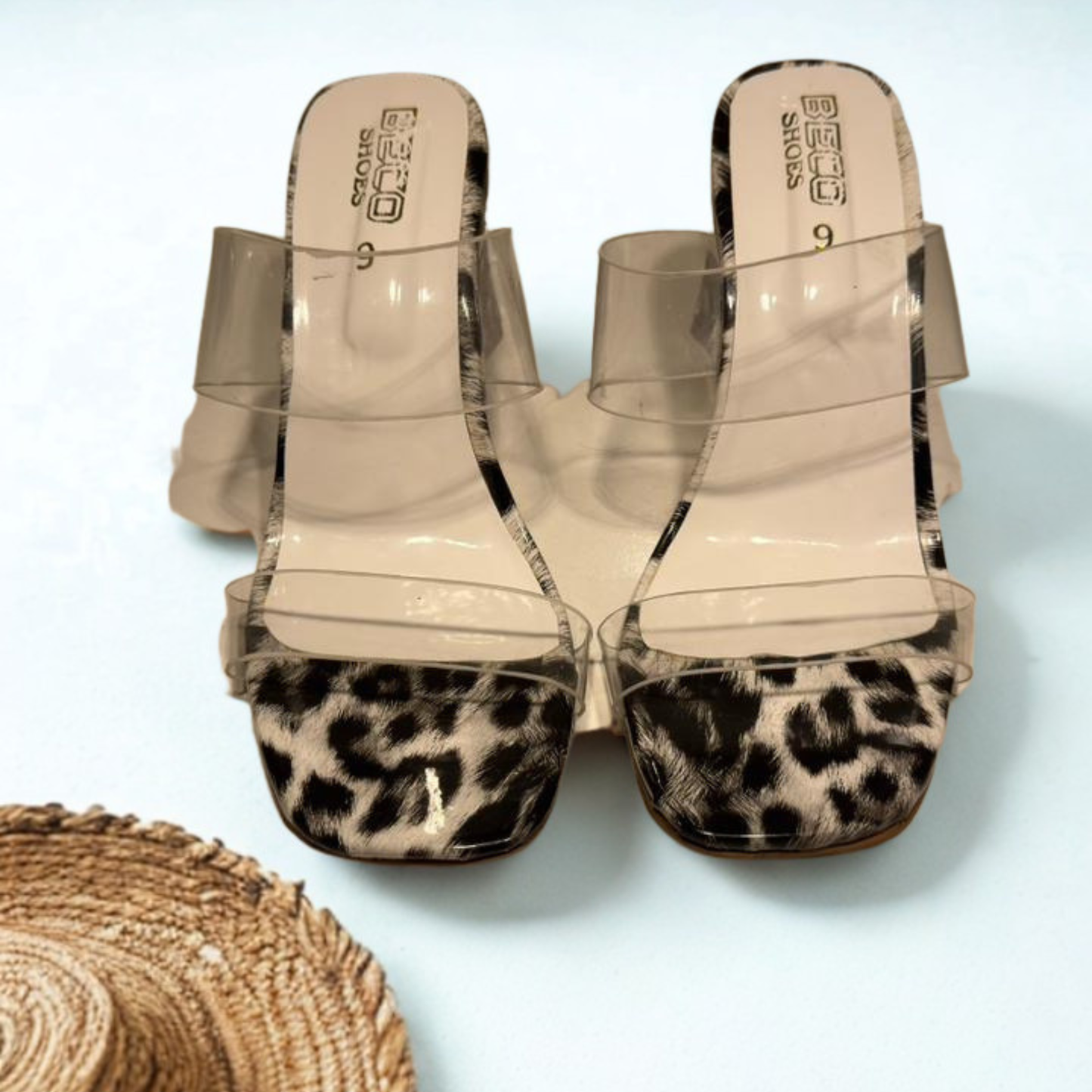 Women's Leopard Print Transparent Strap Block Heel Sandals – Stylish Open Toe Slip-On Mules