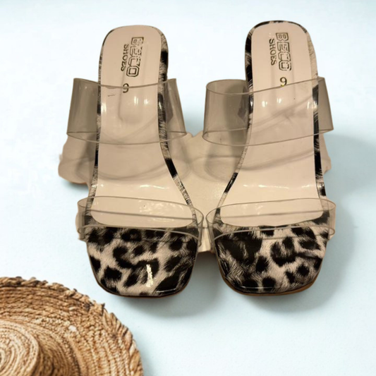 Women's Leopard Print Transparent Strap Block Heel Sandals – Stylish Open Toe Slip-On Mules